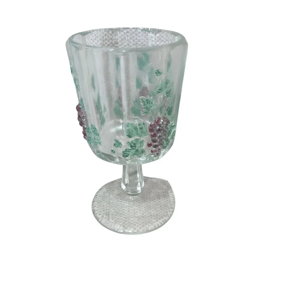 Vintage Clear Glass Wine Goblet Raised Purple Grapes Green Leaves Stemware